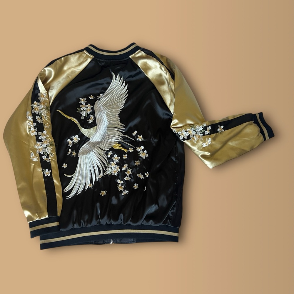 Vintage Reproduction Black with Crane Embroidery Satin Bomber Jacket
